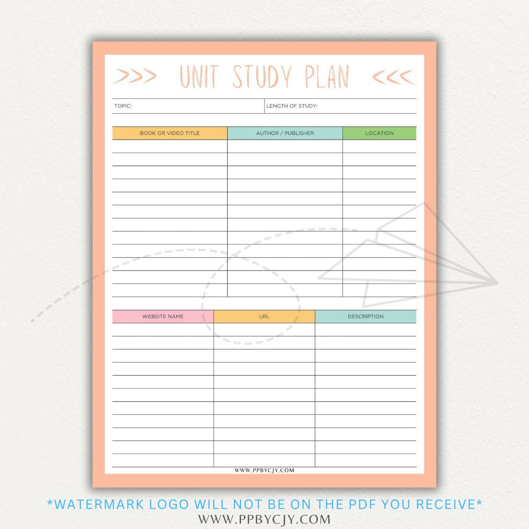 Unit Study Planner Printable PDF Template for homeschool and independent learning organization.