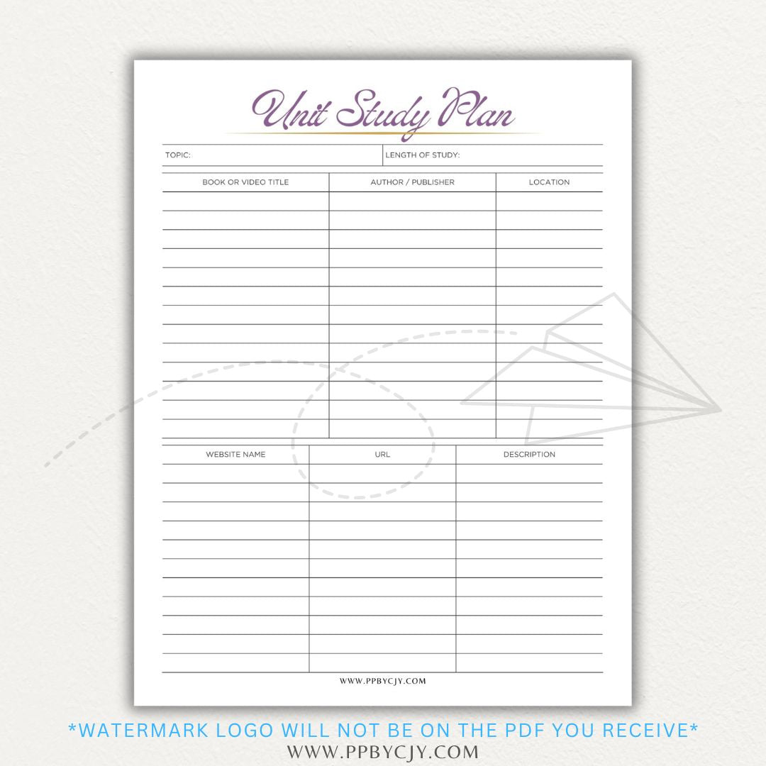 Unit Study Planner Printable PDF Template for homeschool and independent learning organization.