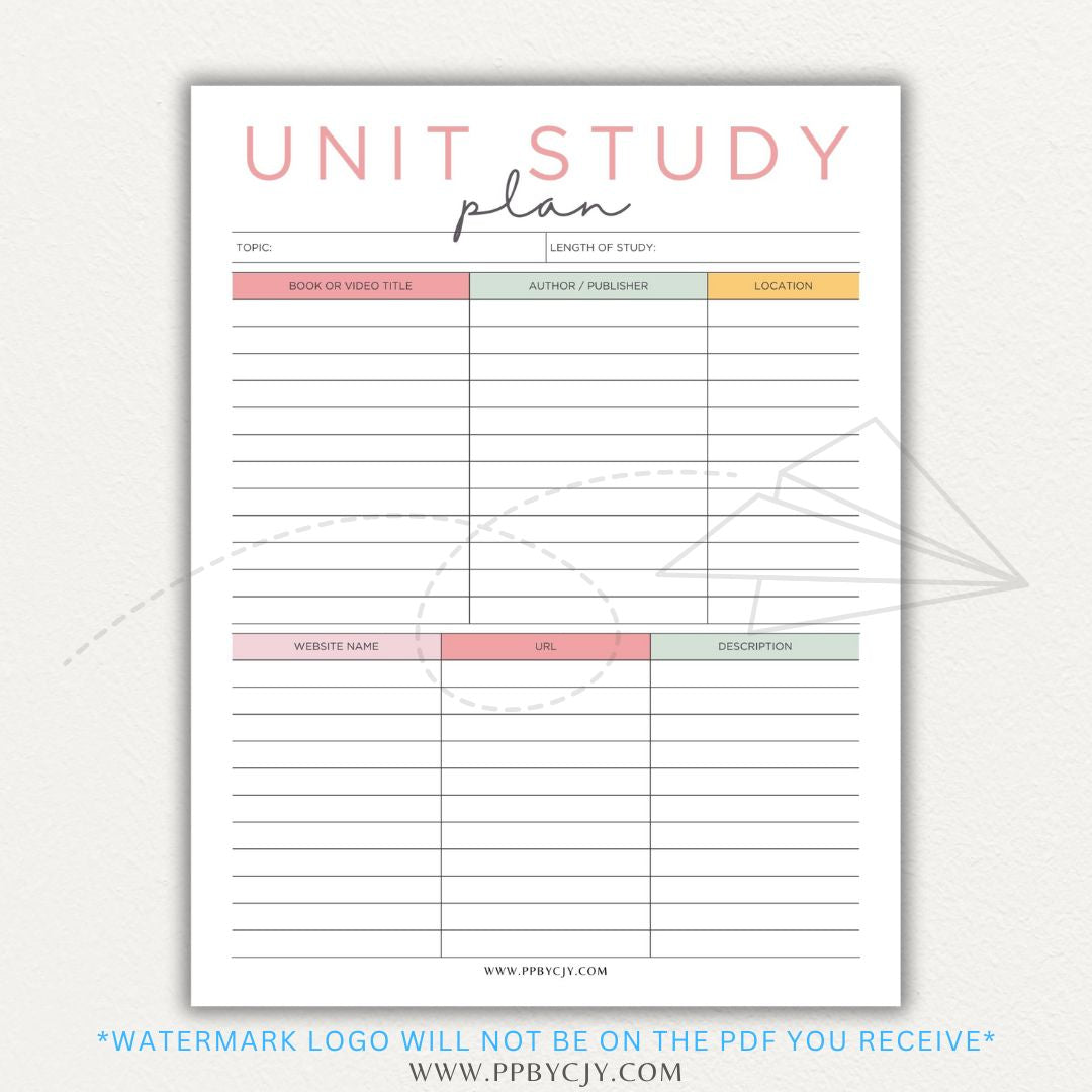 Unit Study Planner Printable PDF Template for homeschool and independent learning organization.