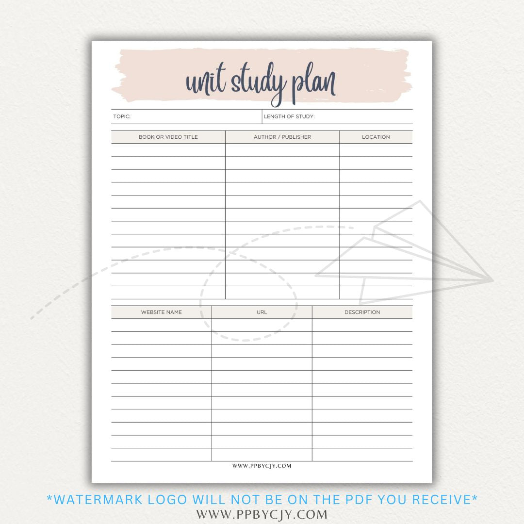 Unit Study Planner Printable PDF Template for homeschool and independent learning organization.