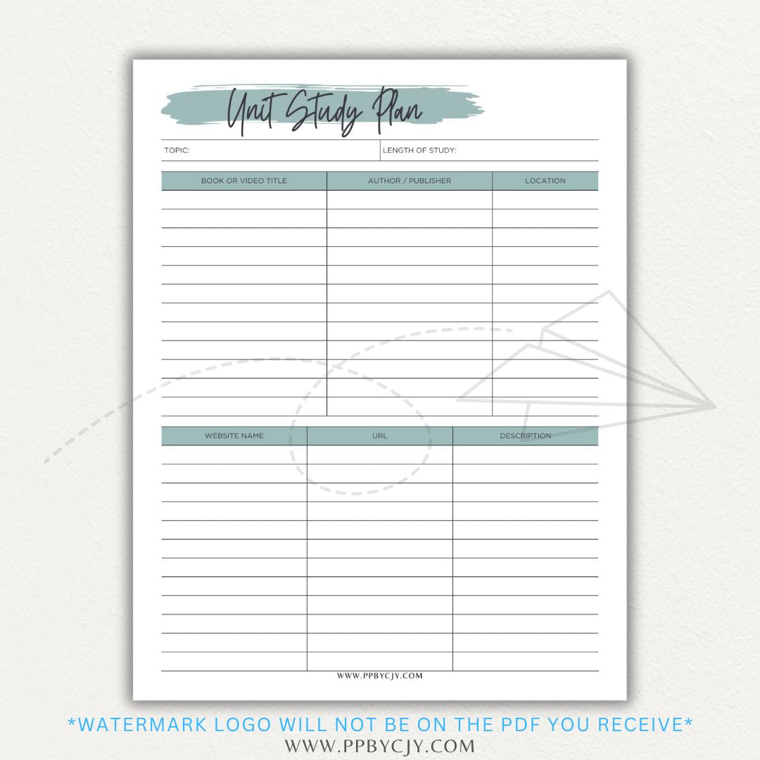 Unit Study Planner Printable PDF Template for homeschool and independent learning organization.