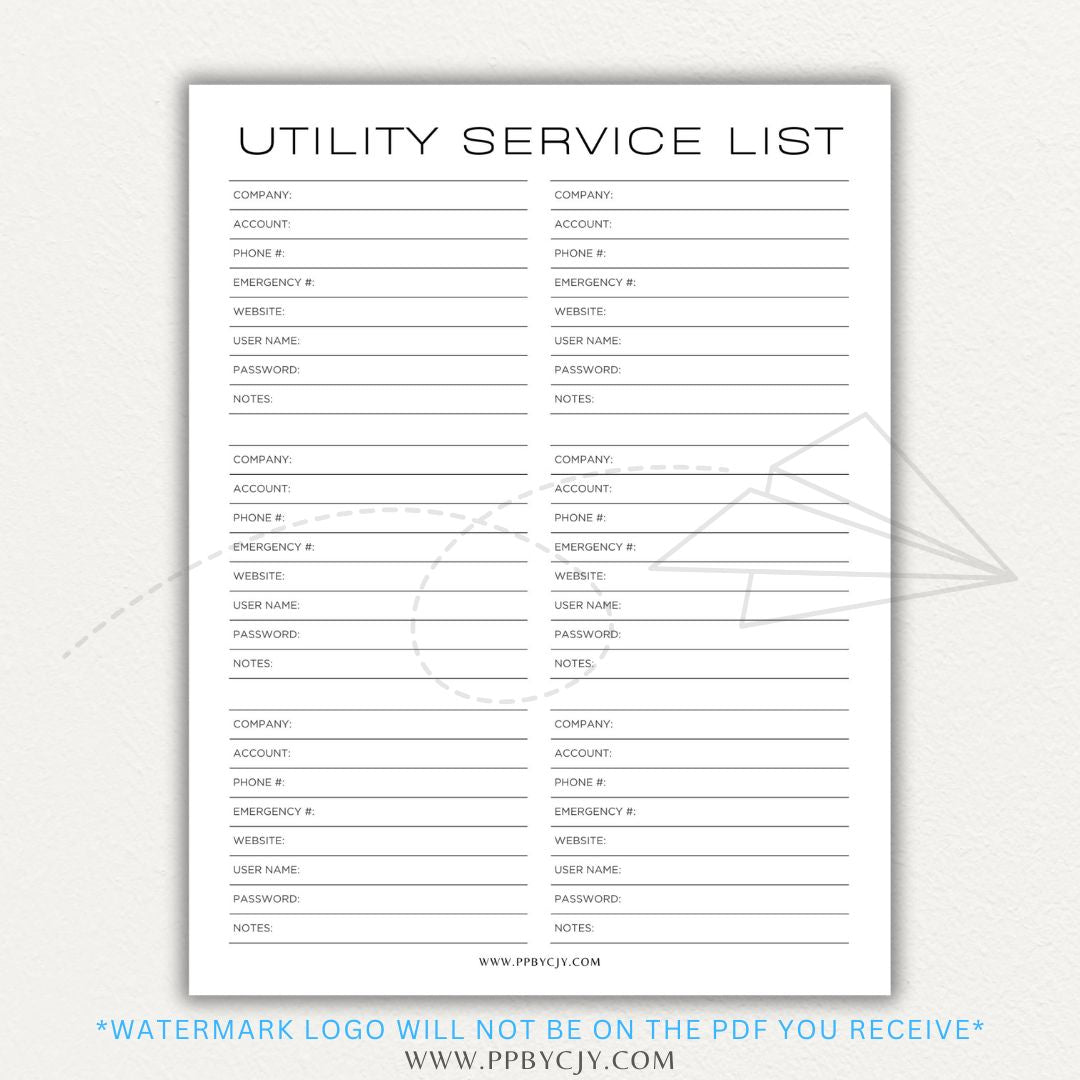 Utility Provider Contact List Printable PDF Template for organizing essential service contacts.