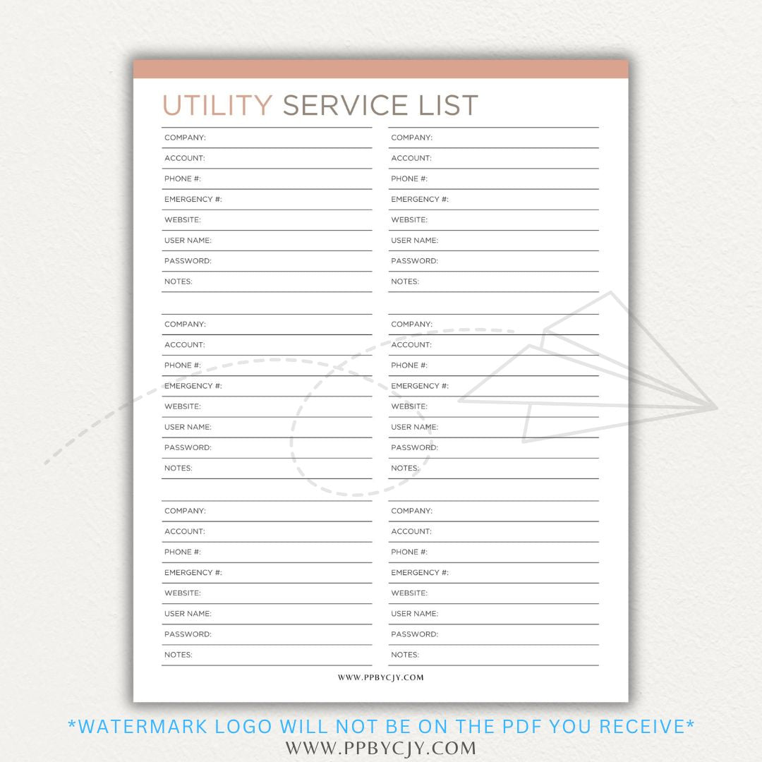 Utility Provider Contact List Printable PDF Template for organizing essential service contacts.
