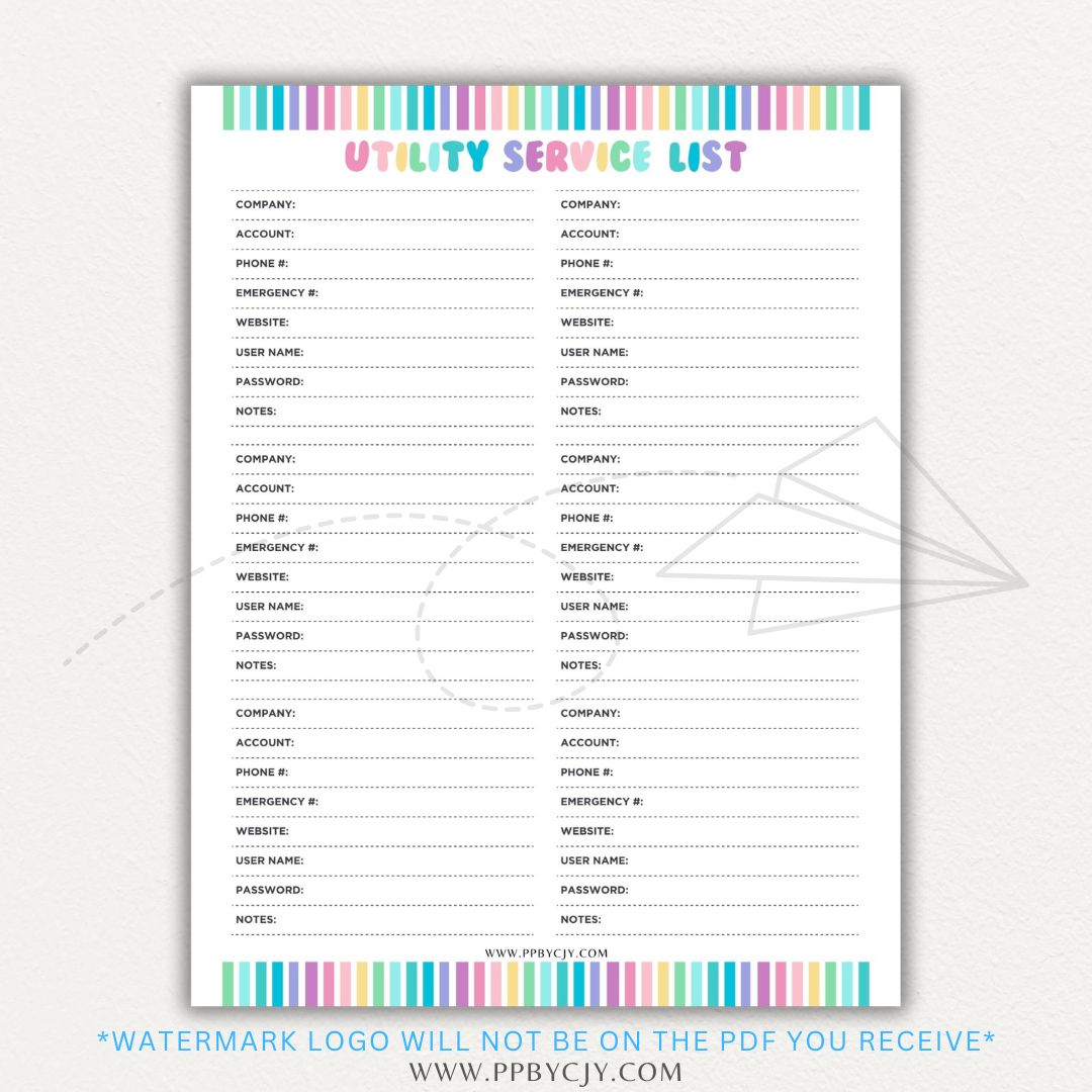 Utility Provider Contact List Printable PDF Template for organizing essential service contacts.