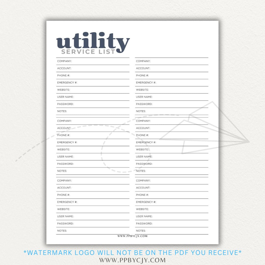 Utility Provider Contact List Printable PDF Template for organizing essential service contacts.