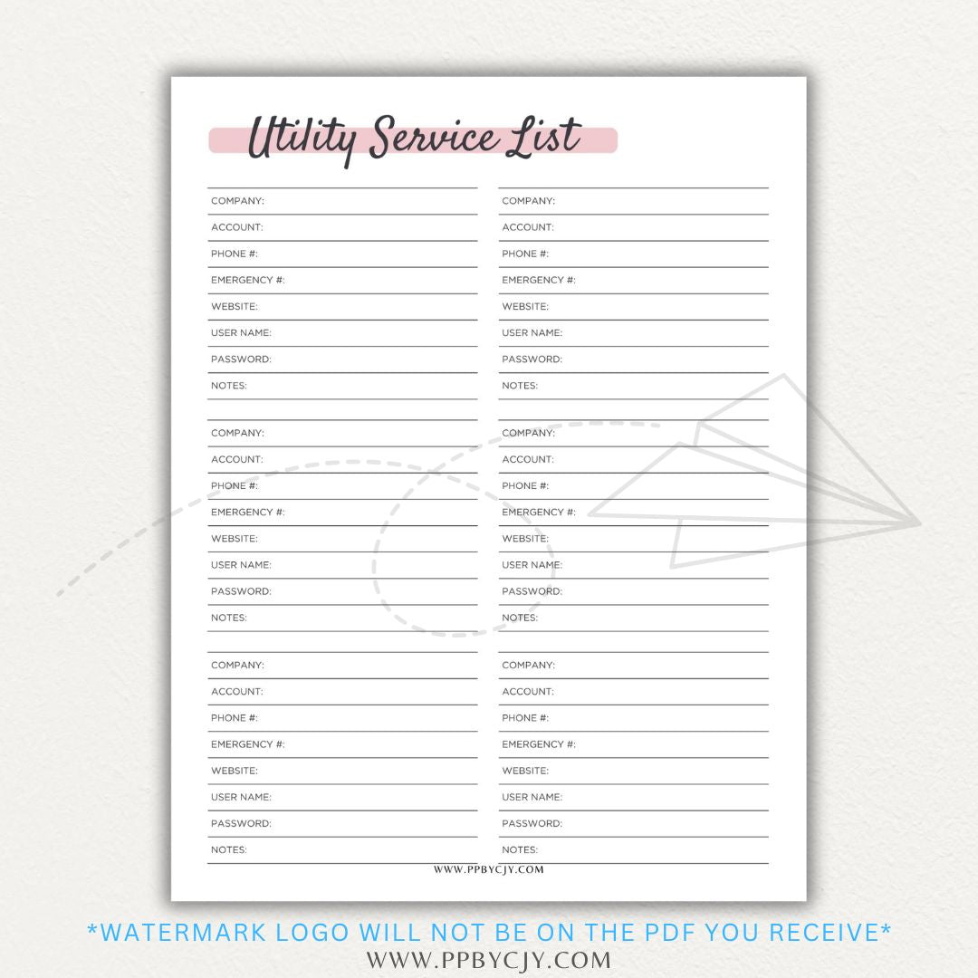 Utility Provider Contact List Printable PDF Template for organizing essential service contacts.