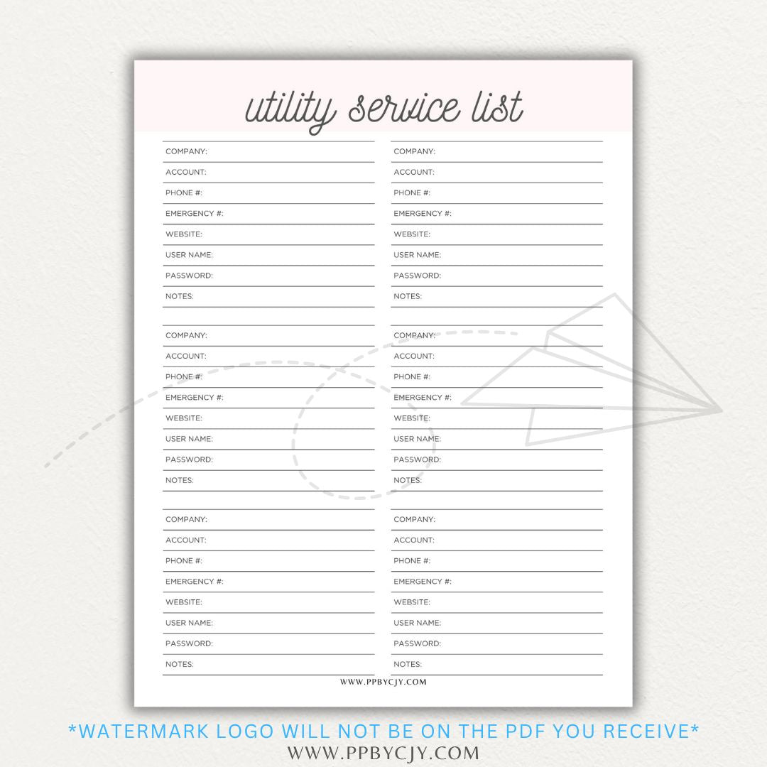 Utility Provider Contact List Printable PDF Template for organizing essential service contacts.