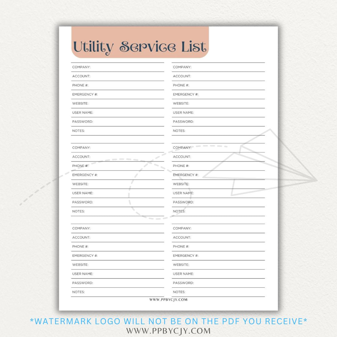 Utility Provider Contact List Printable PDF Template