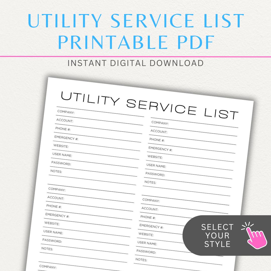 Utility Provider Contact List Printable PDF Template for organizing essential service contacts.