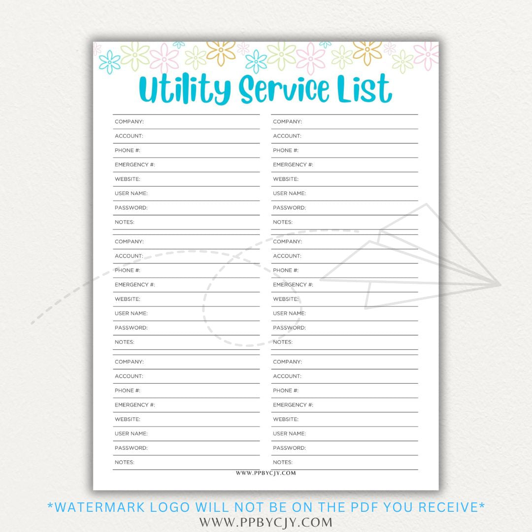 Utility Provider Contact List Printable PDF Template for organizing essential service contacts.