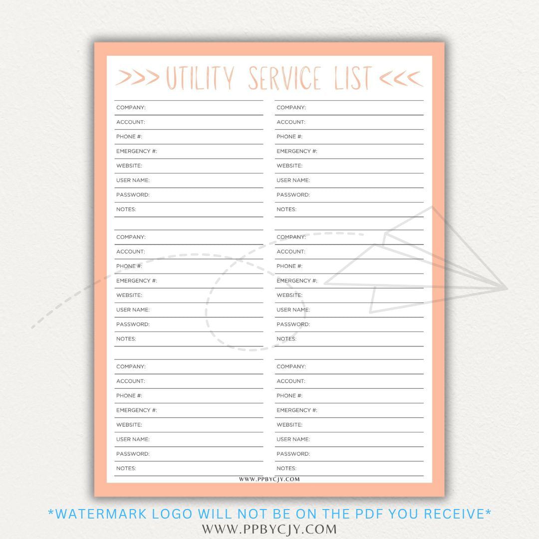 Utility Provider Contact List Printable PDF Template for organizing essential service contacts.