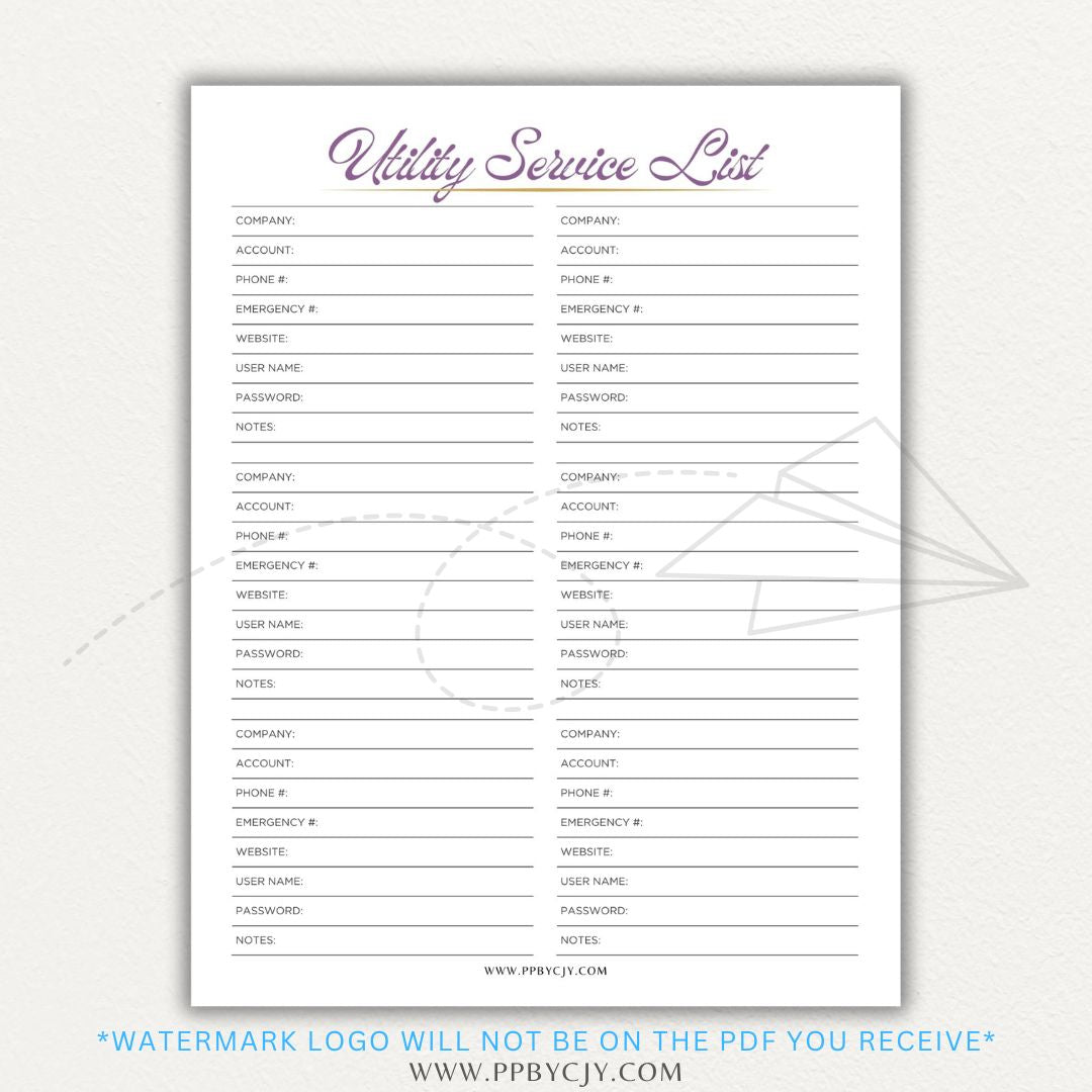 Utility Provider Contact List Printable PDF Template for organizing essential service contacts.