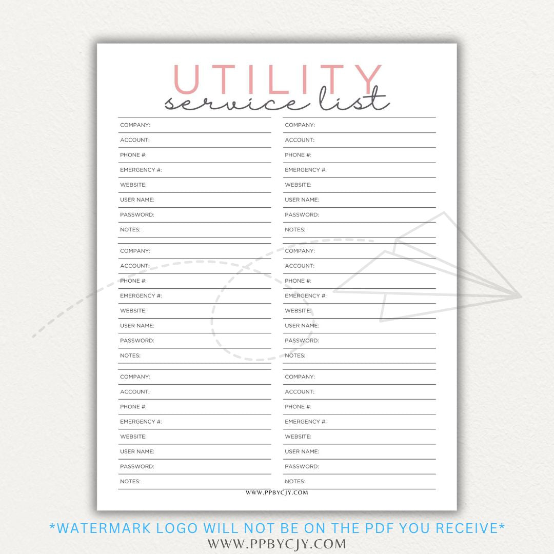 Utility Provider Contact List Printable PDF Template for organizing essential service contacts.