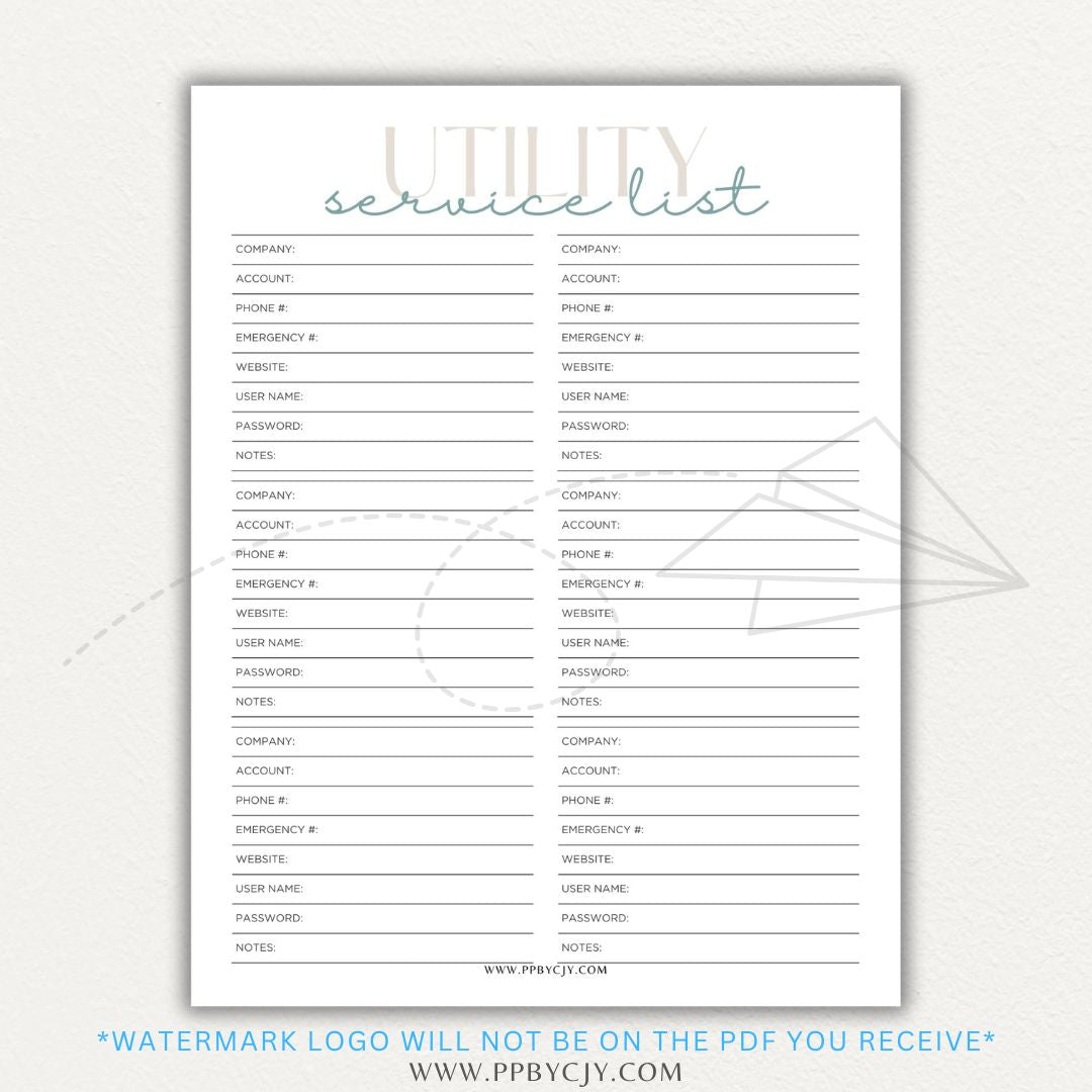 Utility Provider Contact List Printable PDF Template for organizing essential service contacts.