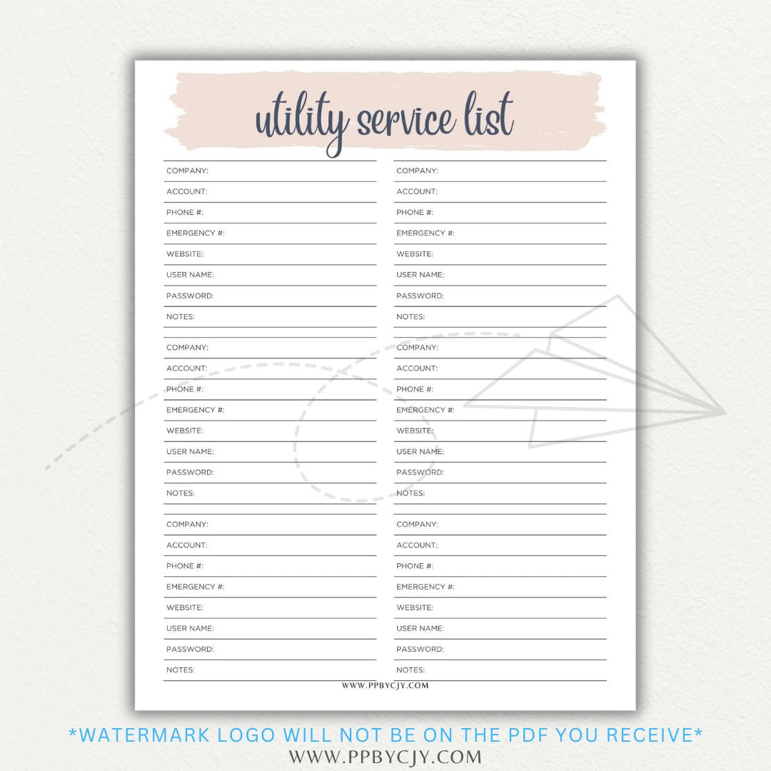 Utility Provider Contact List Printable PDF Template for organizing essential service contacts.
