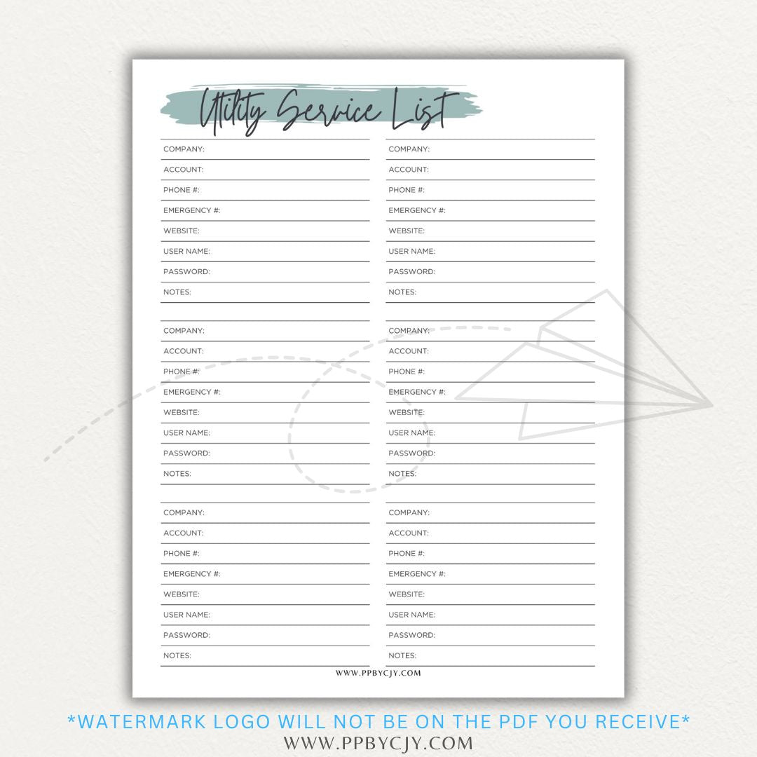 Utility Provider Contact List Printable PDF Template for organizing essential service contacts.