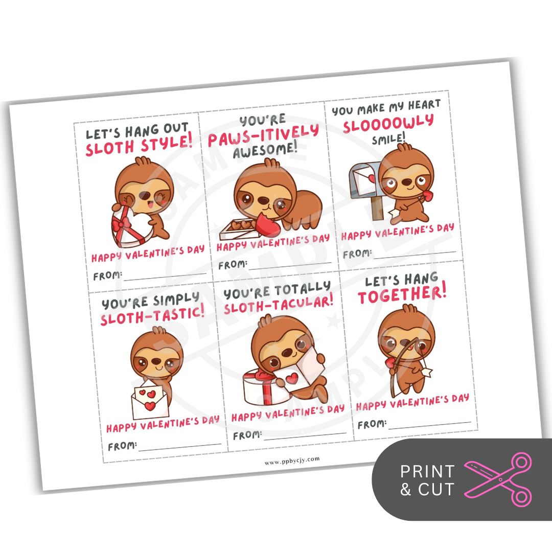 Set of six Valentine's Day cards with cartoon sloths and humorous sayings on a white background.