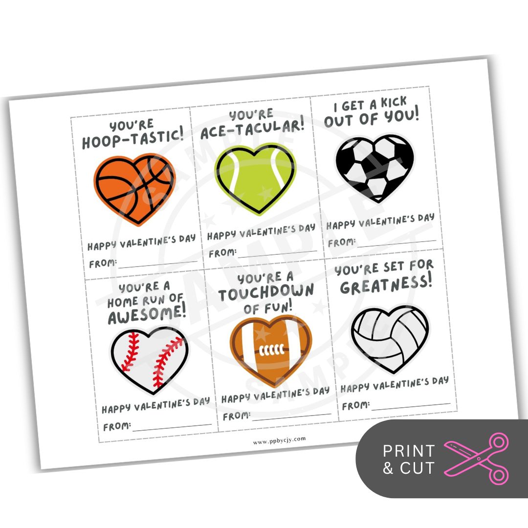 Valentine's Day cards with sports-themed graphics and text on a white background.