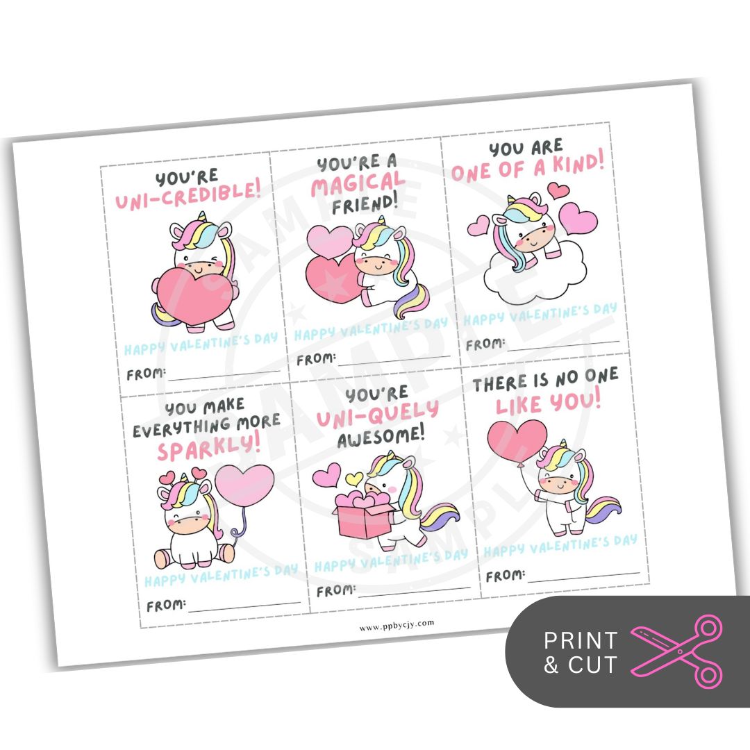 Sheet of Valentine's Day cards with unicorn illustrations and cute phrases.