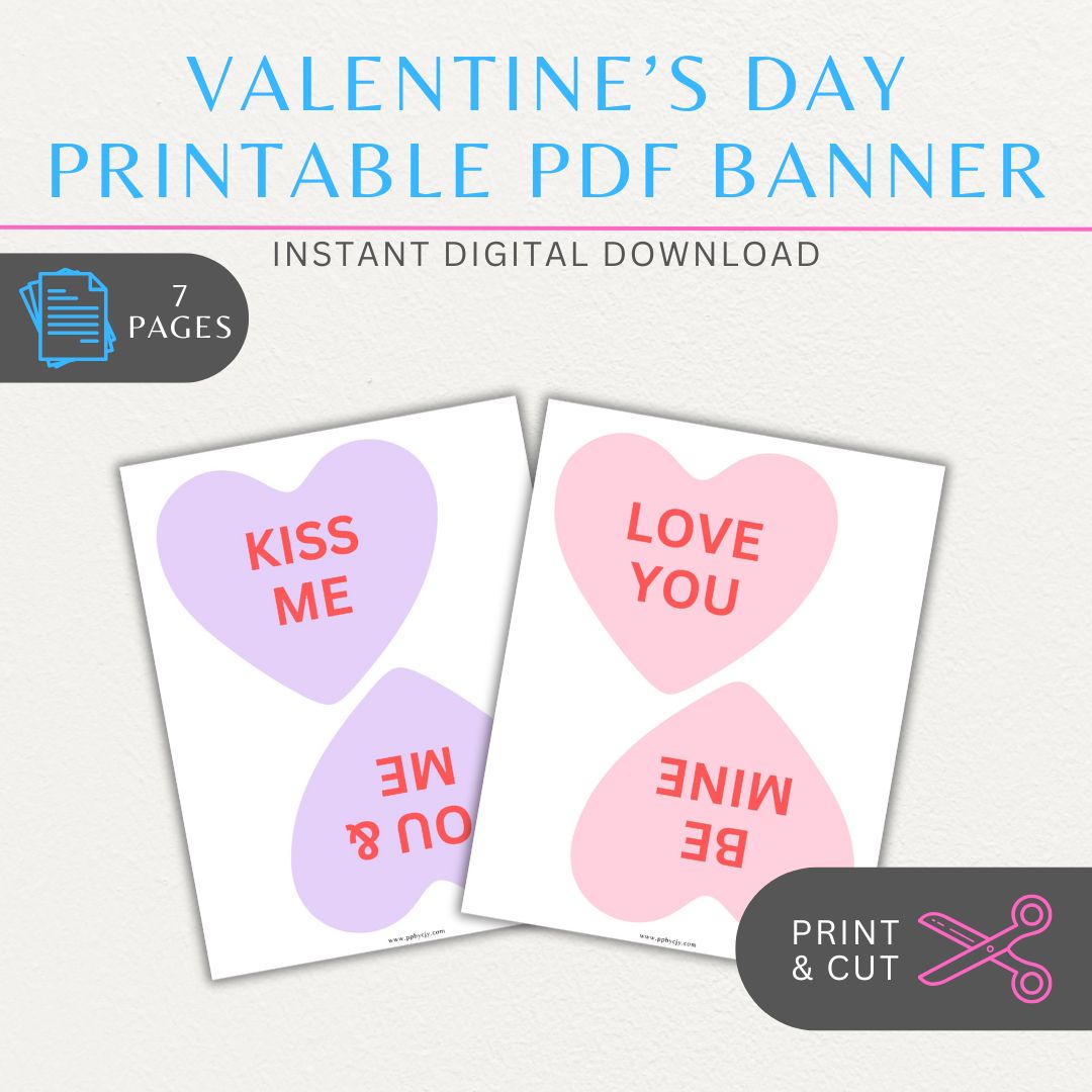 Printable Valentine’s Day flag banner with colorful conversation hearts featuring classic sayings for festive decoration.