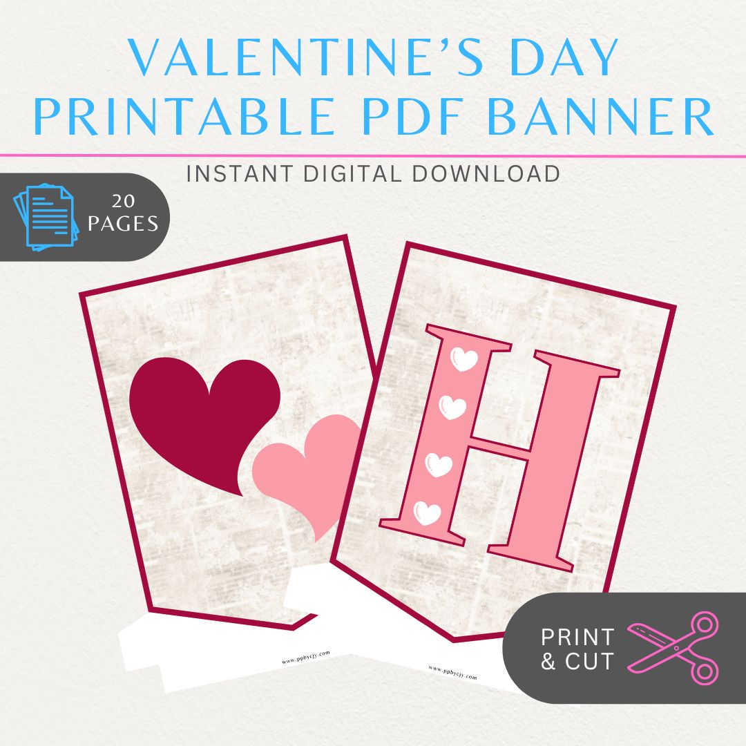 Printable Valentine’s Day flag banner with "Happy Valentine’s Day" lettering and heart designs for festive decorations.