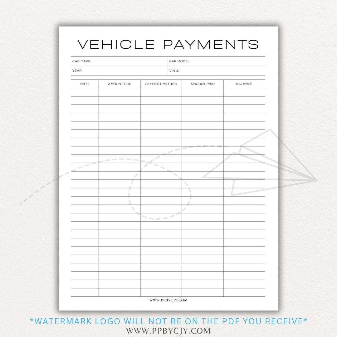 Vehicle payment tracker printable PDF template for logging payments, due dates, and balances.