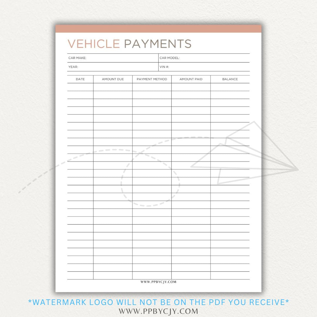 Vehicle payment tracker printable PDF template for logging payments, due dates, and balances.