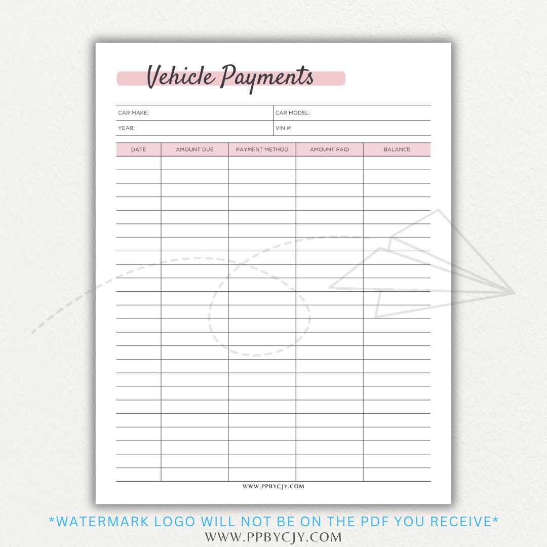 Vehicle payment tracker printable PDF template for logging payments, due dates, and balances.