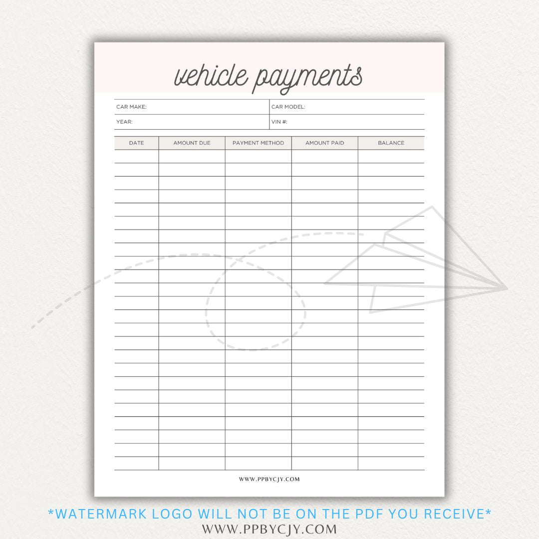 Vehicle payment tracker printable PDF template for logging payments, due dates, and balances.