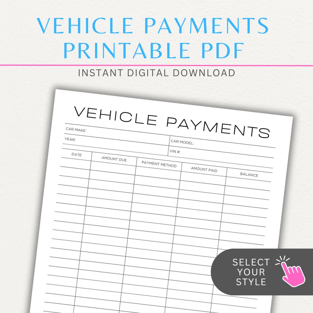Vehicle payment tracker printable PDF template for logging payments, due dates, and balances.