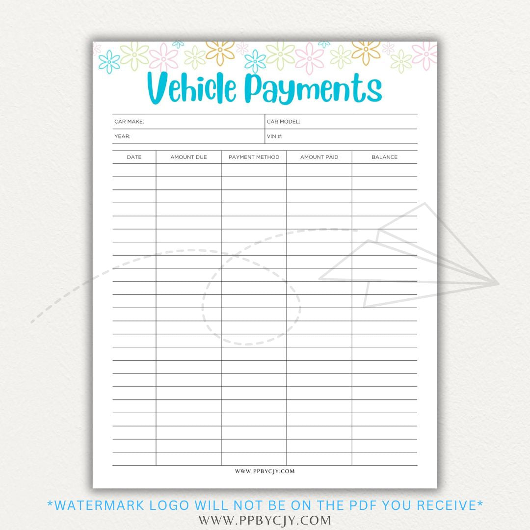 Vehicle payment tracker printable PDF template for logging payments, due dates, and balances.