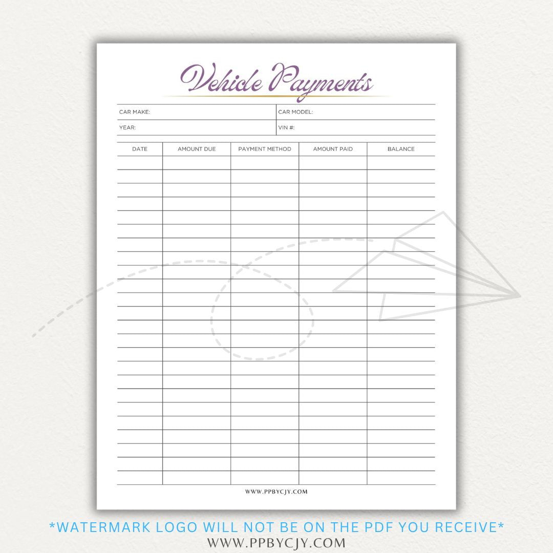 Vehicle payment tracker printable PDF template for logging payments, due dates, and balances.