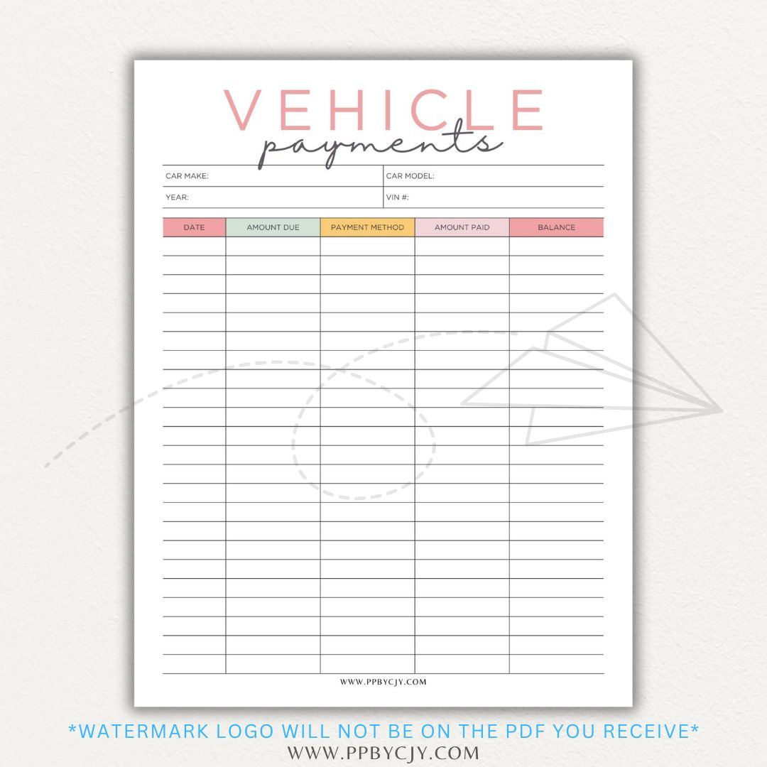 Vehicle payment tracker printable PDF template for logging payments, due dates, and balances.