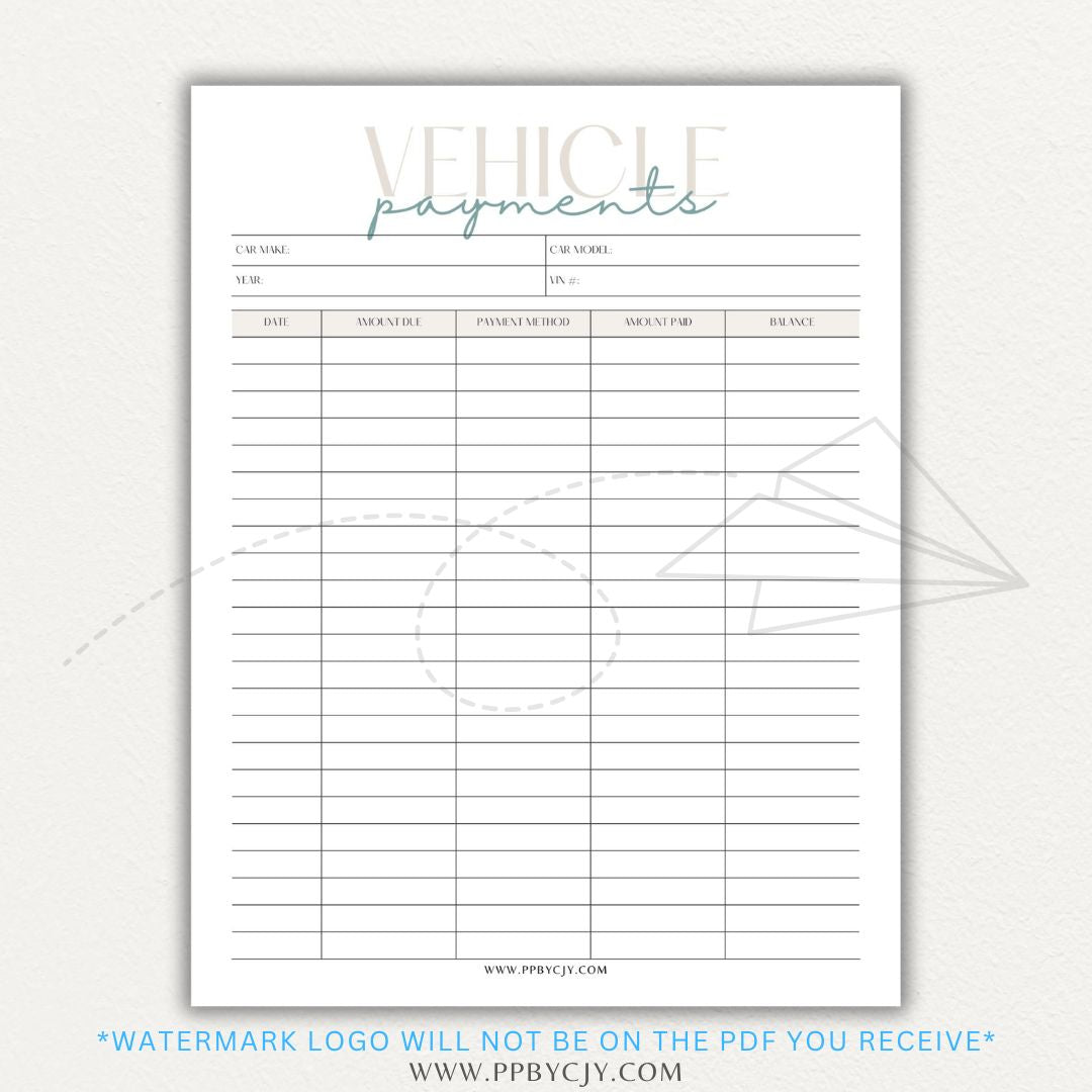 Vehicle payment tracker printable PDF template for logging payments, due dates, and balances.