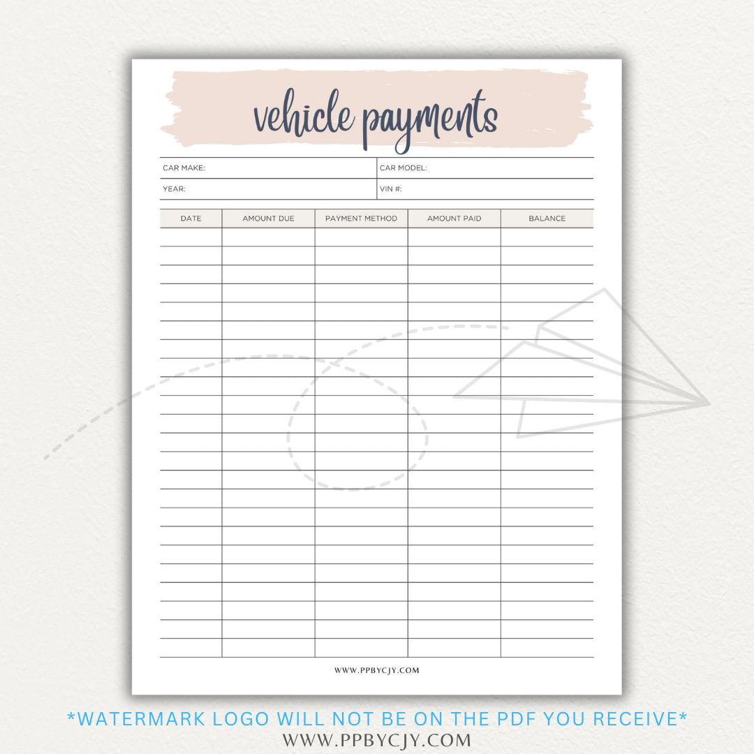 Vehicle payment tracker printable PDF template for logging payments, due dates, and balances.