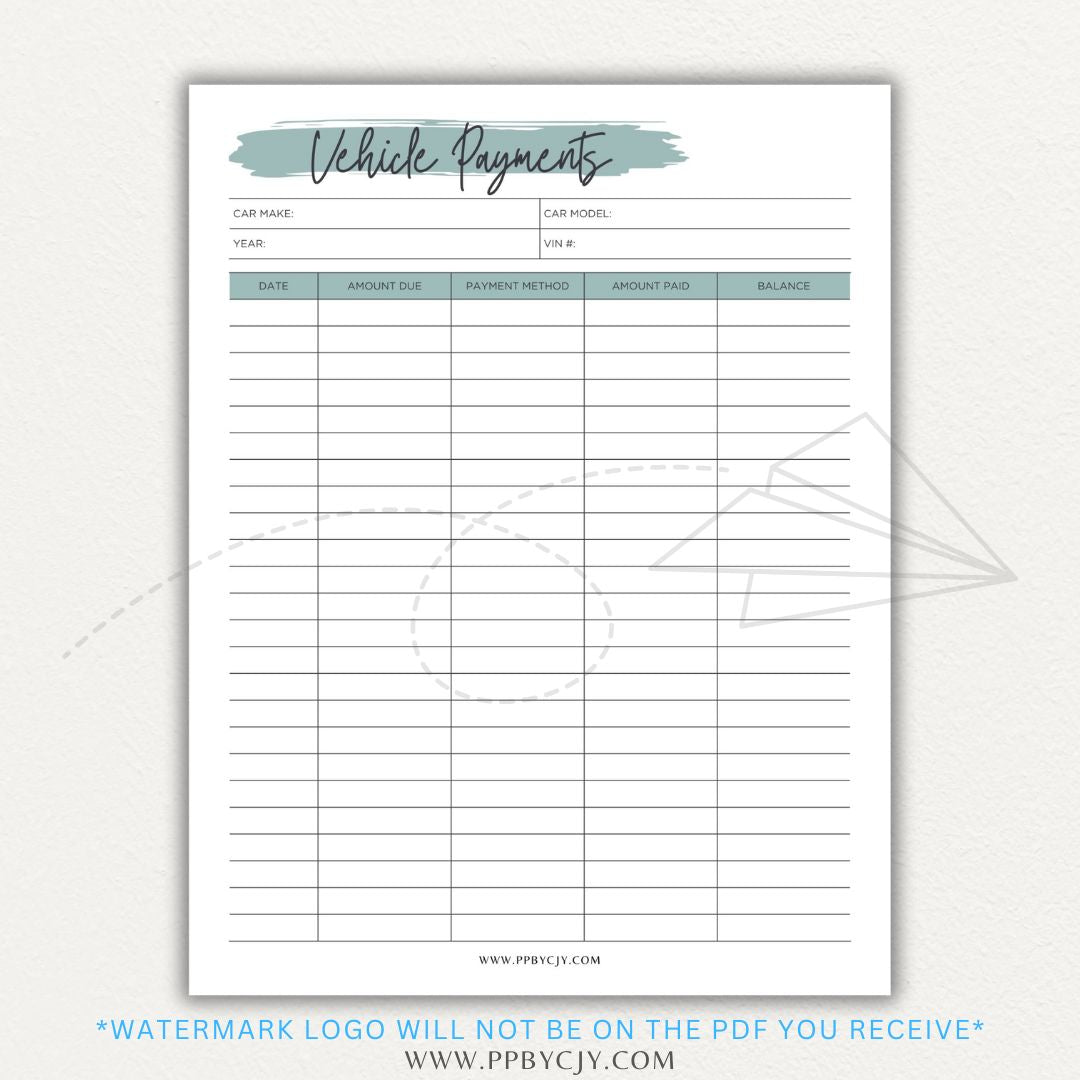 Vehicle payment tracker printable PDF template for logging payments, due dates, and balances.