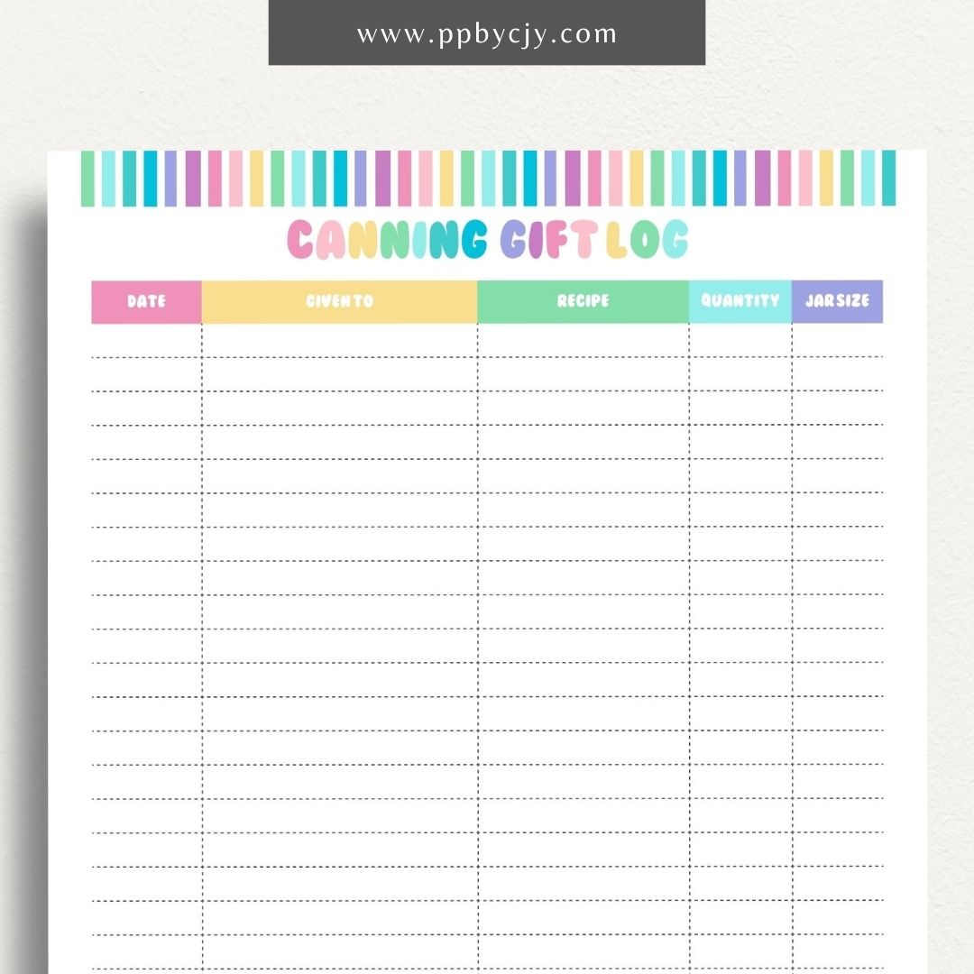 Homestead Canning Gift Log Printable Template – Digital download for tracking and organizing gifts made from home-canned goods.
