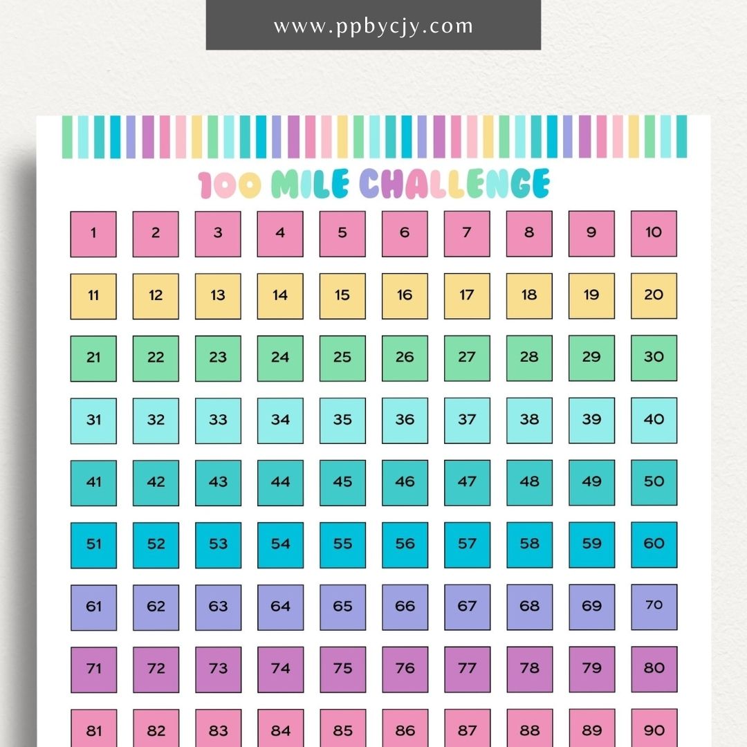 100 Mile Challenge Printable Template – Digital Download for Tracking Your Mileage Goals