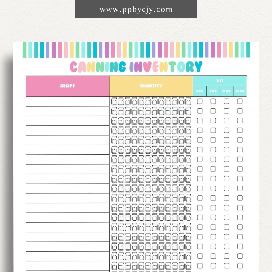 Homestead Canning Inventory Printable Template – Digital download for recording and managing home-canned goods and supplies.