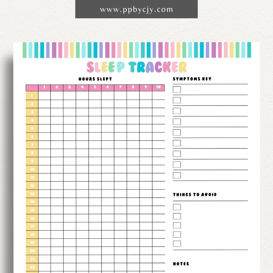 Sleep Tracker Printable Template – Digital download for recording and monitoring your sleep patterns, duration, and quality