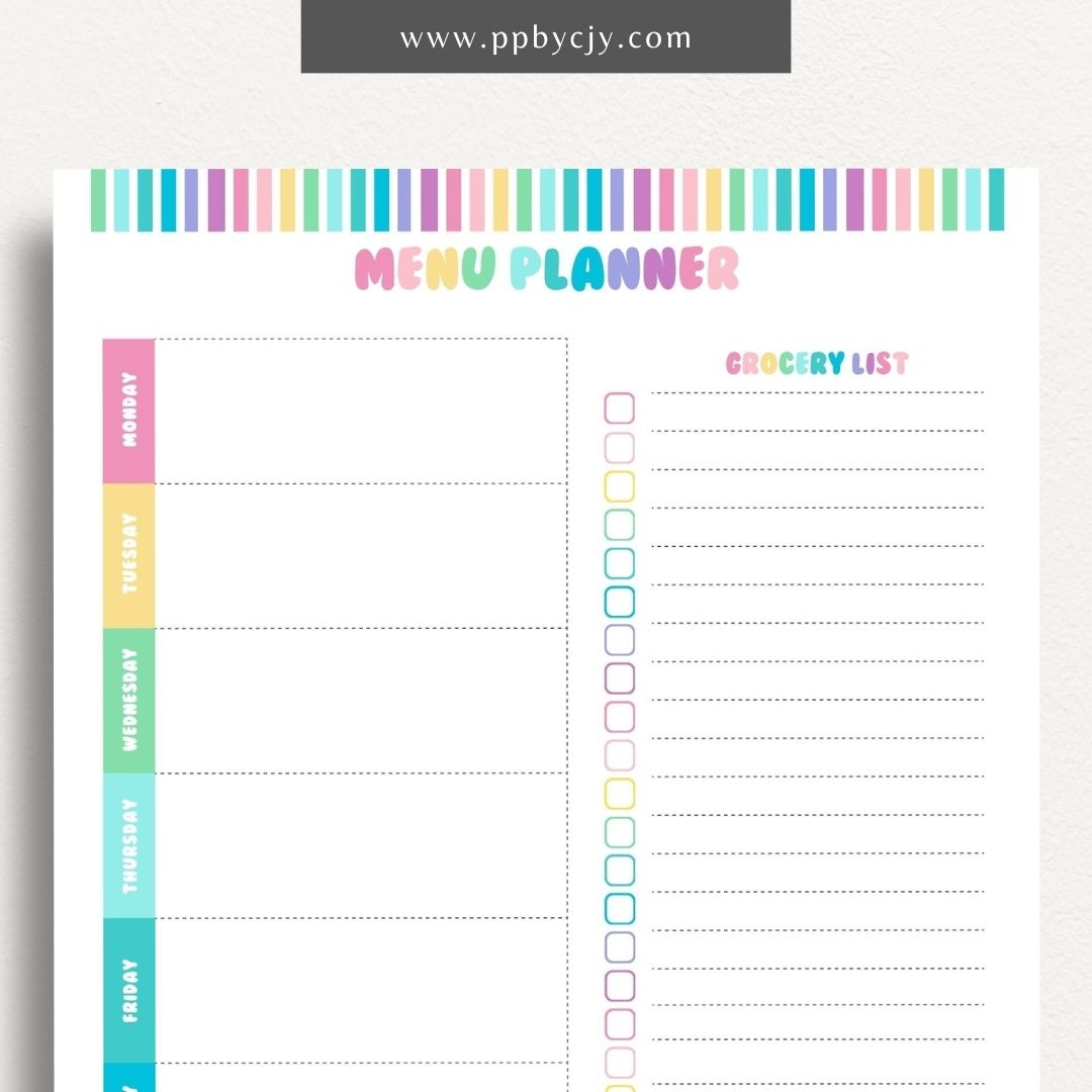 Weekly Meal Planner Printable Template – Digital download for organizing and planning meals for the week, including meal ideas, ingredients, and grocery lists