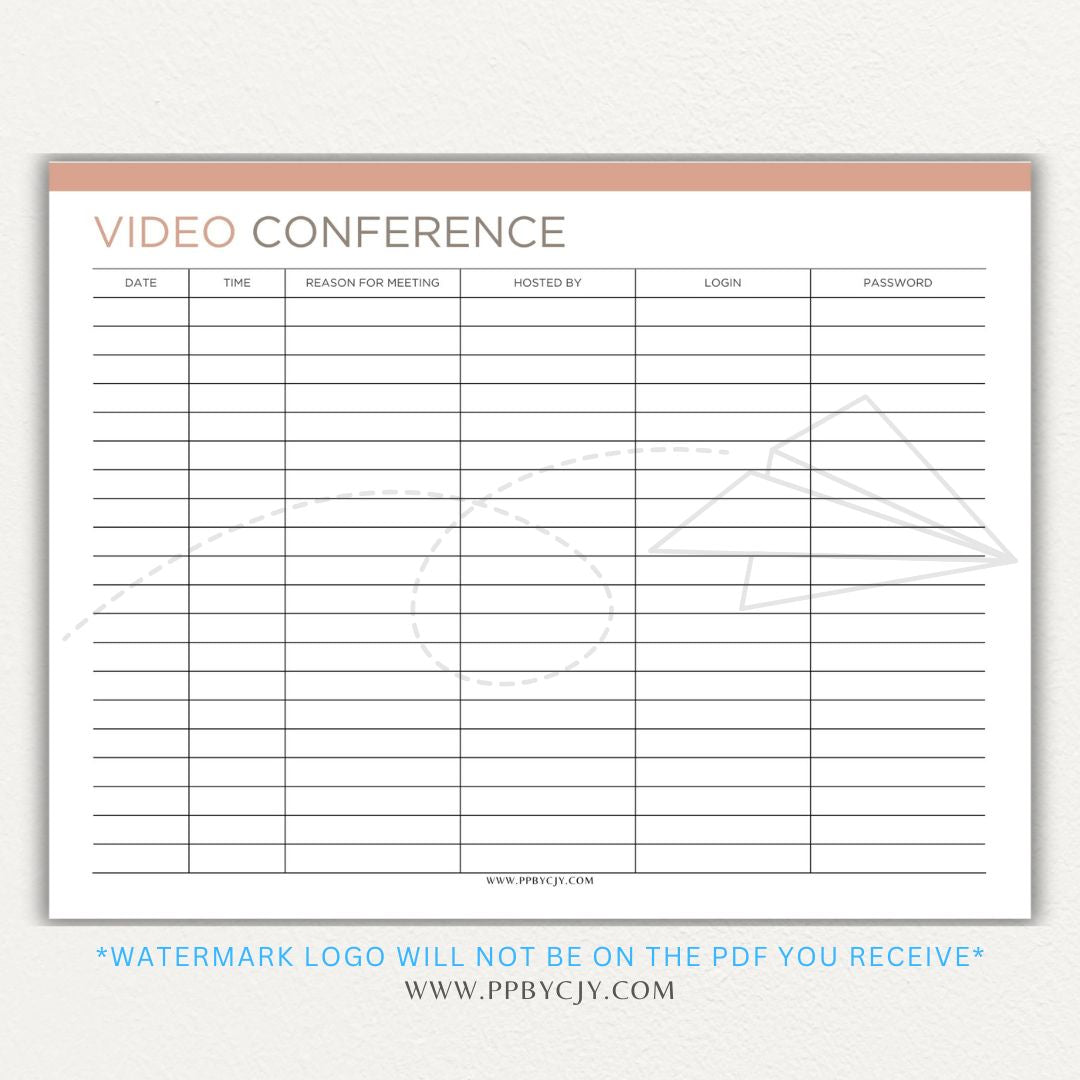 Video conference log printable PDF template for tracking virtual meetings, attendees, topics, and action items.