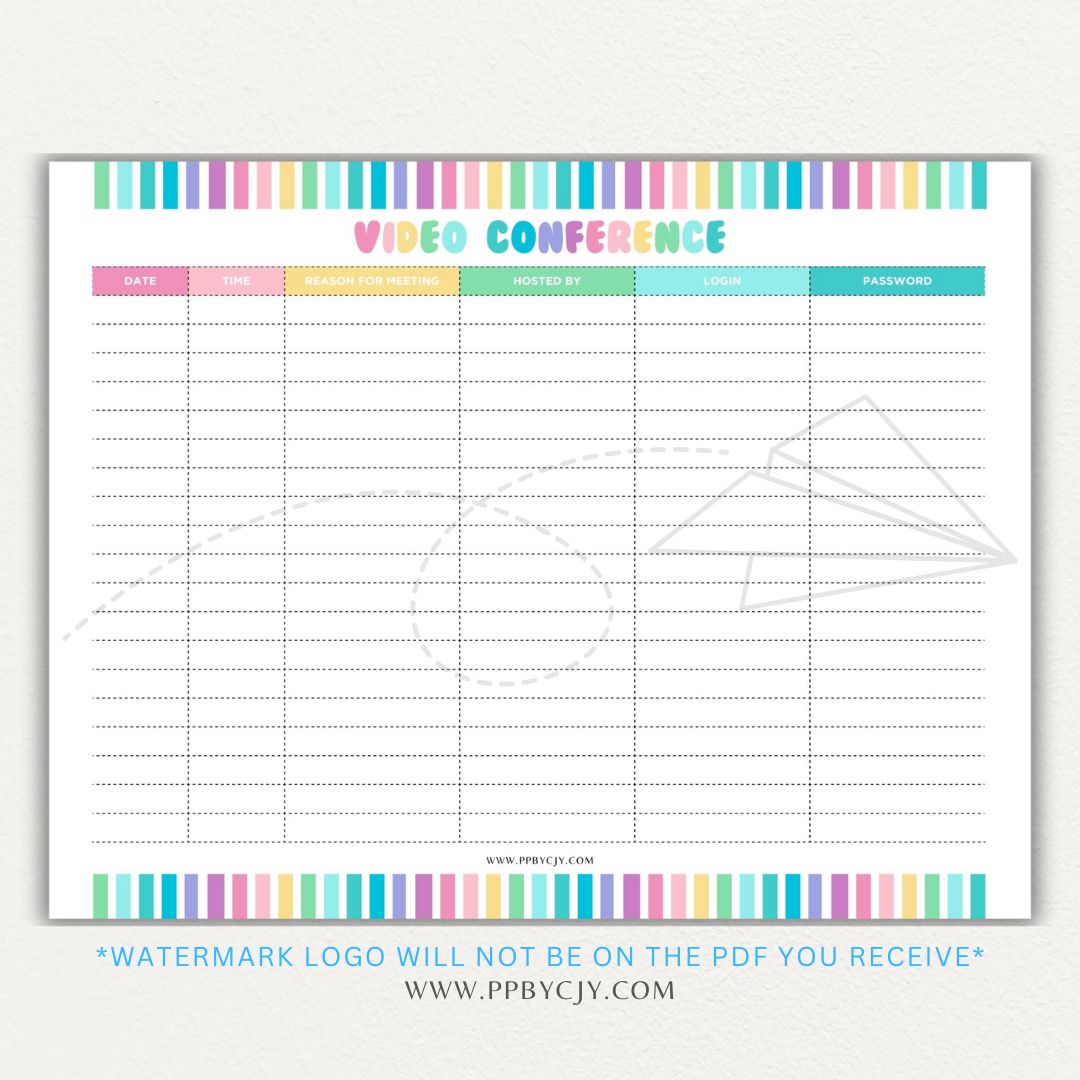 Video conference log printable PDF template for tracking virtual meetings, attendees, topics, and action items.