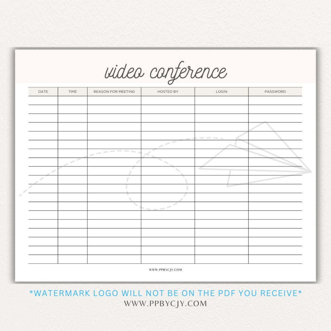 Video conference log printable PDF template for tracking virtual meetings, attendees, topics, and action items.