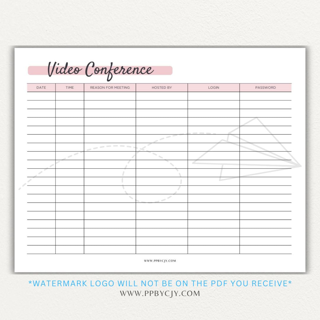 Video conference log printable PDF template for tracking virtual meetings, attendees, topics, and action items.