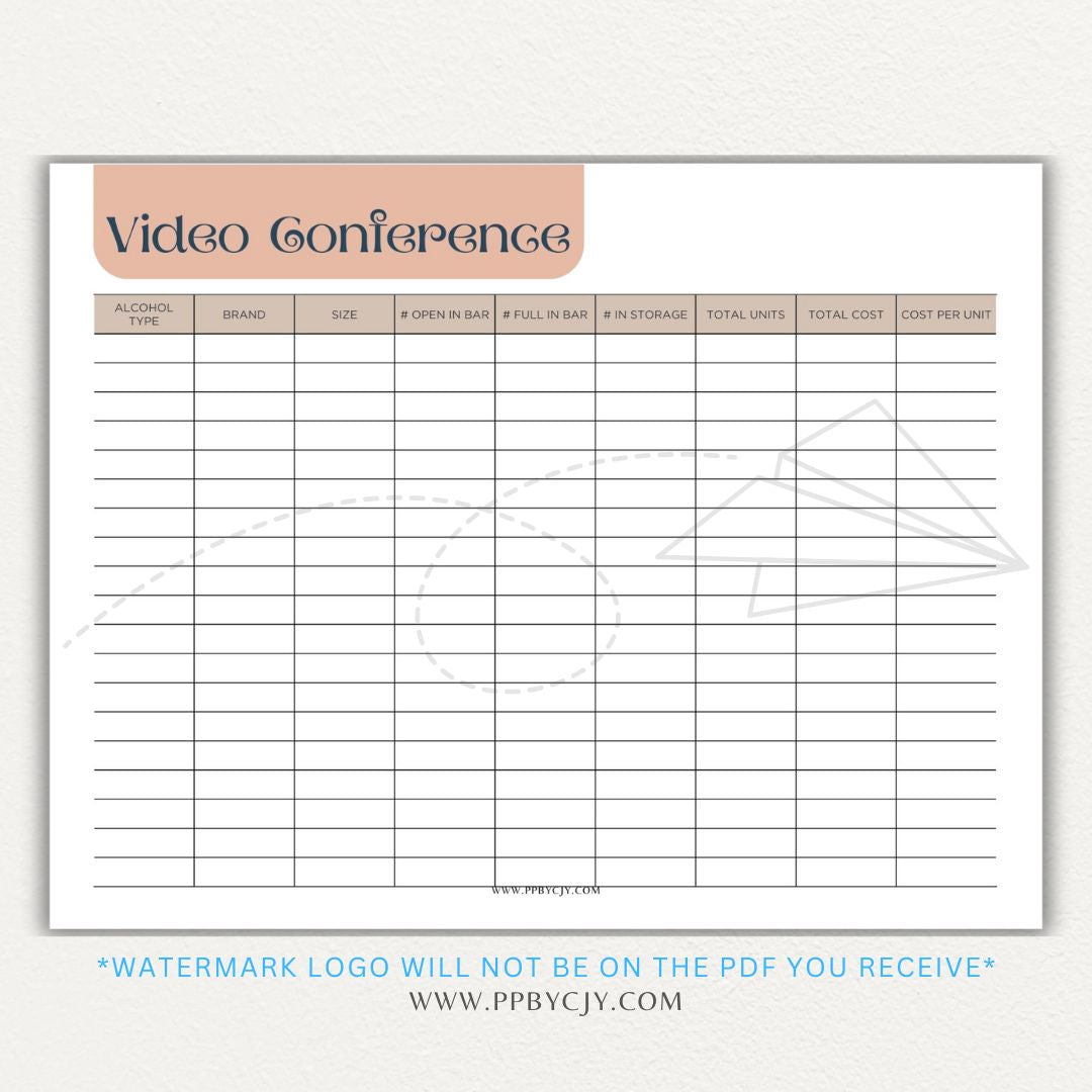 Video conference log printable PDF template for tracking virtual meetings, attendees, topics, and action items.