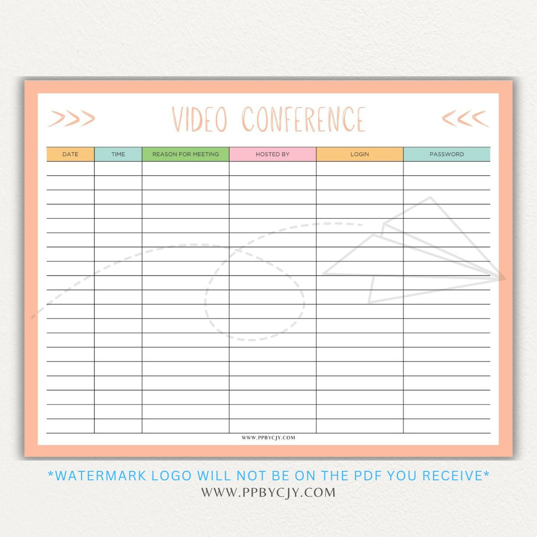 Video conference log printable PDF template for tracking virtual meetings, attendees, topics, and action items.