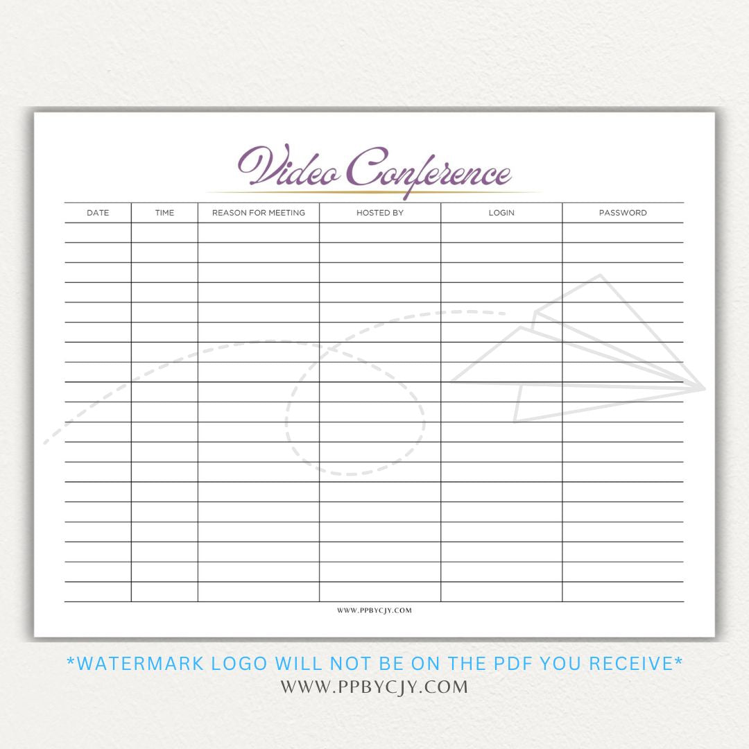 Video conference log printable PDF template for tracking virtual meetings, attendees, topics, and action items.