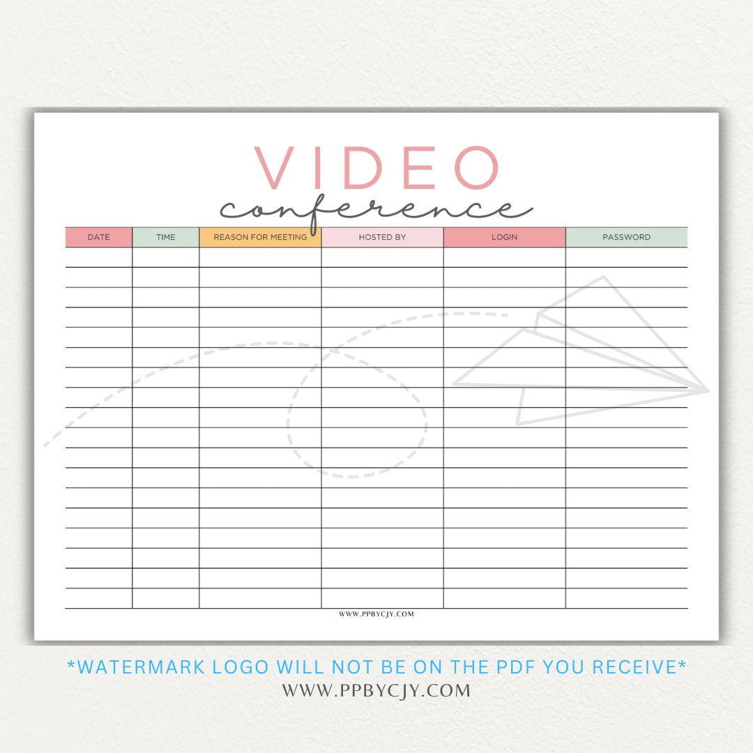 Video conference log printable PDF template for tracking virtual meetings, attendees, topics, and action items.