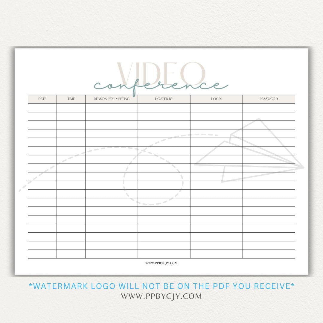 Video conference log printable PDF template for tracking virtual meetings, attendees, topics, and action items.
